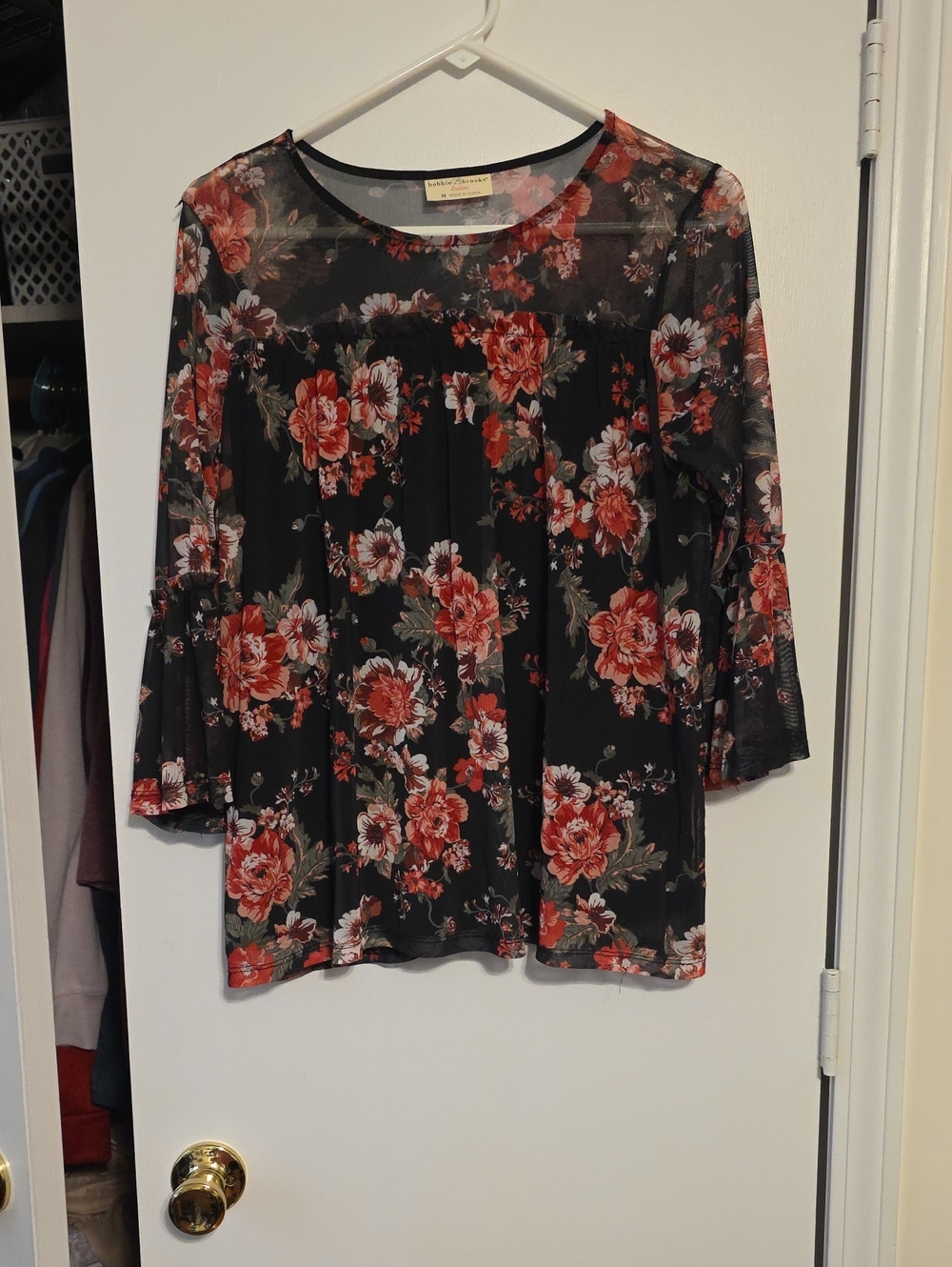 Bobbie Brooks Black Floral Bell-Sleeve Top with Red Roses